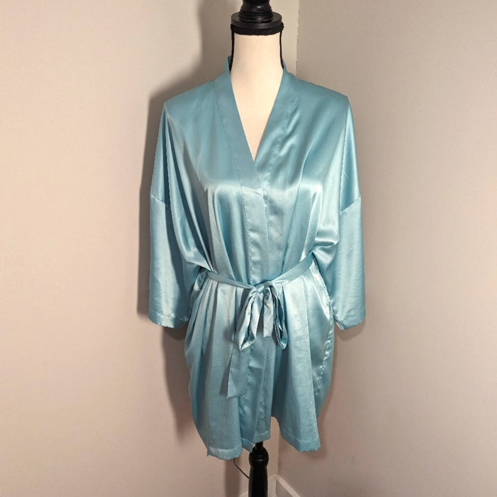 Victoria's secret Angels turquoise Blue satin robe kimono one size